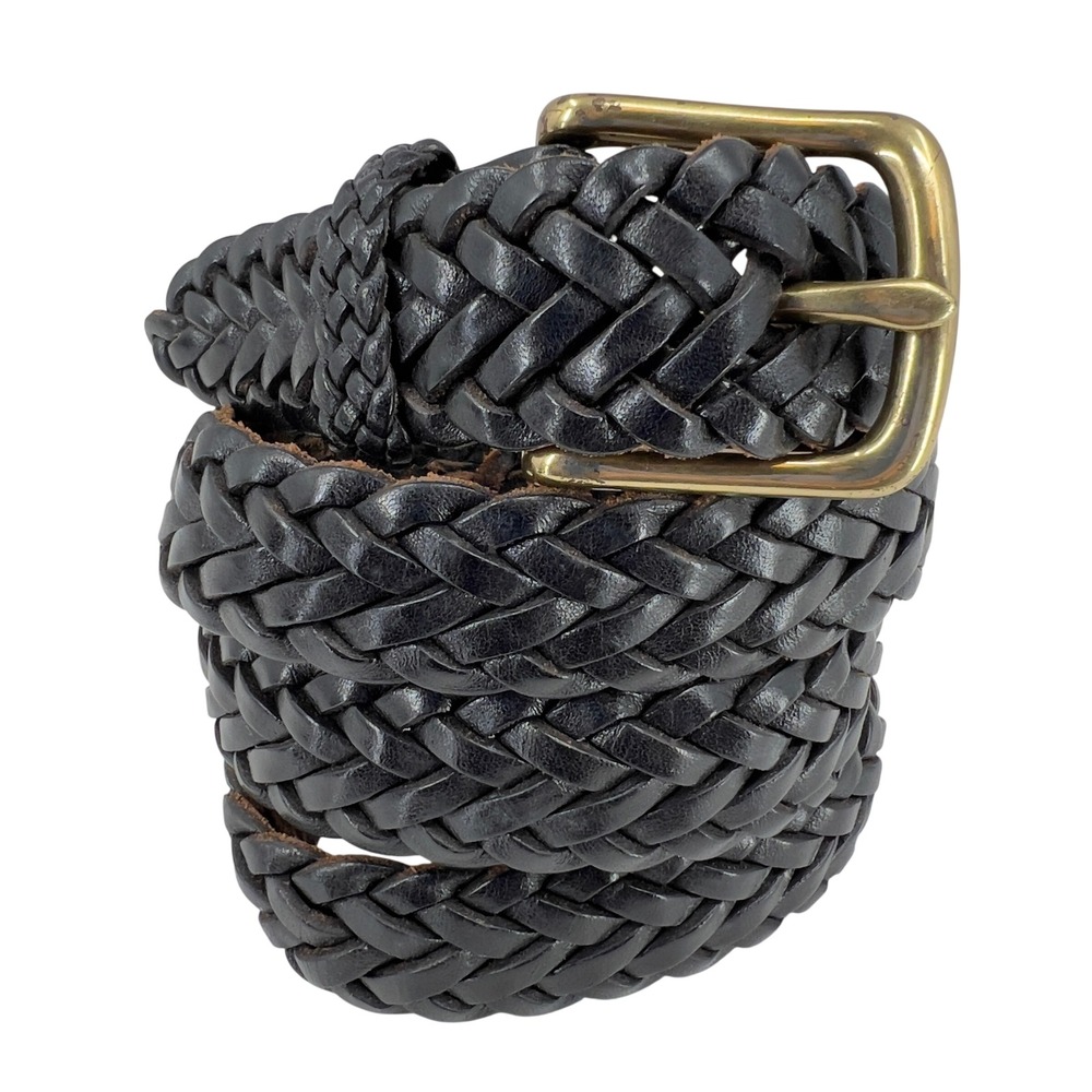 LL Bean Mens 40 Black Woven Leather Belt Braided Brass Buckle Preppy 53" Length